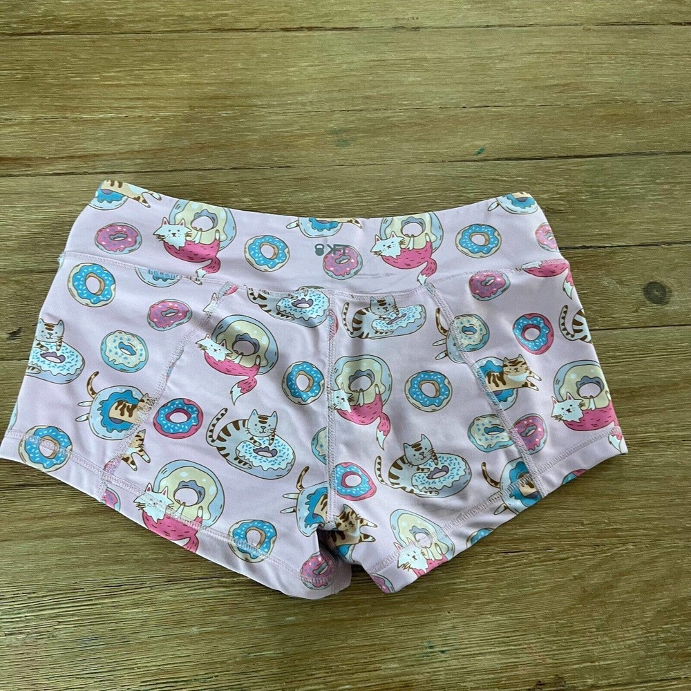 KFT Crossfit Cat Donuts Booty Shorts Spandex Athletic Pink Size M Kitties Logo - Picture 3 of 6